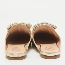 Tod's Gold Metallic Leather Double T Studded Fringe Flat Mules Size 37.5