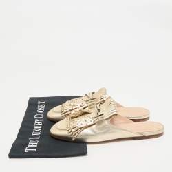 Tod's Gold Metallic Leather Double T Studded Fringe Flat Mules Size 37.5
