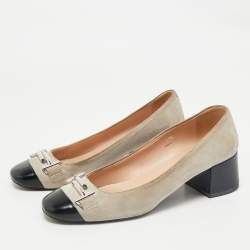 Tod's Navy Grey/Black Suede and Leather Double T Court Loafer Pumps Size 37.5