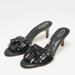 Tod's Black Patent Leather Fringe Bow Slide Sandals Size 38.5