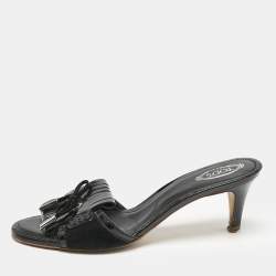 Tod's Black Patent Leather Fringe Bow Slide Sandals Size 38.5