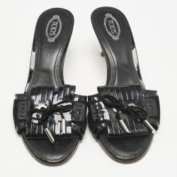 Tod's Black Patent Leather Fringe Bow Slide Sandals Size 38.5