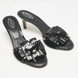 Tod's Black Patent Leather Fringe Bow Slide Sandals Size 38.5