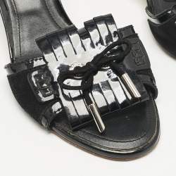 Tod's Black Patent Leather Fringe Bow Slide Sandals Size 38.5