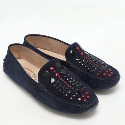 Tod's Navy Blue Suede Studded Slip On Loafers Size 36