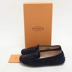 Tod's Navy Blue Suede Studded Slip On Loafers Size 36