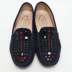 Tod's Navy Blue Suede Studded Slip On Loafers Size 36