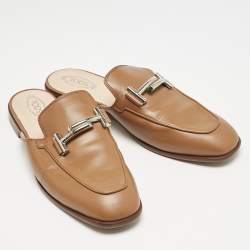 Tod's Brown Leather Double T Flat Mules Size 39