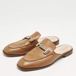 Tod's Brown Leather Double T Flat Mules Size 39