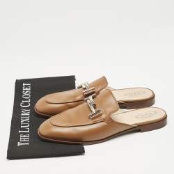 Tod's Brown Leather Double T Flat Mules Size 39