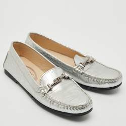 Tod's Silver Croc Embossed Leather Slip On Loafers Size 38