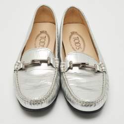Tod's Silver Croc Embossed Leather Slip On Loafers Size 38