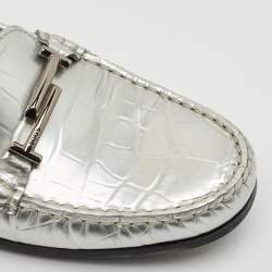 Tod's Silver Croc Embossed Leather Slip On Loafers Size 38