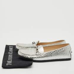 Tod's Silver Croc Embossed Leather Slip On Loafers Size 38