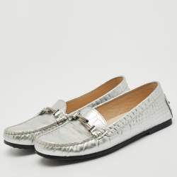 Tod's Silver Croc Embossed Leather Slip On Loafers Size 38
