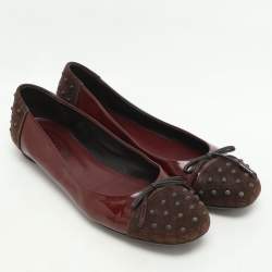 Tod's Brown/Burgundy Suede and Patent Leather Bow Ballet Flats Size 39