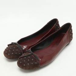 Tod's Brown/Burgundy Suede and Patent Leather Bow Ballet Flats Size 39