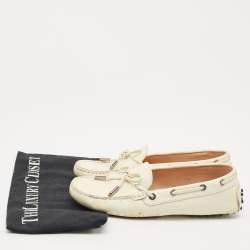 Pre Owned Tod's Cream Lizard Embossed Leather Bow Slip On Loafers Size 37.5