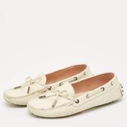 Pre Owned Tod's Cream Lizard Embossed Leather Bow Slip On Loafers Size 37.5