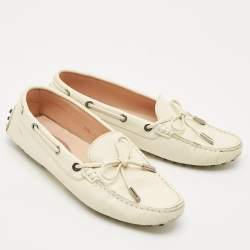 Pre Owned Tod's Cream Lizard Embossed Leather Bow Slip On Loafers Size 37.5