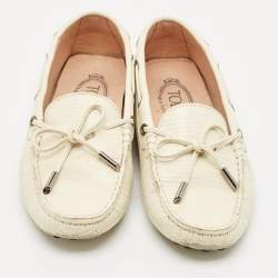 Pre Owned Tod's Cream Lizard Embossed Leather Bow Slip On Loafers Size 37.5