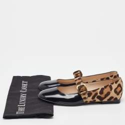 Pre Owned حذاء باليرينا فلات تودز جلد أسود/بني ونقشة الفهد شعر العجل ماري جين مقاس 37.5