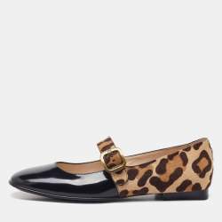 Pre Owned Tod's Black/Brown Leather and Leopard Print Calf Hair Mary Jane Ballet Flats Size 37.5