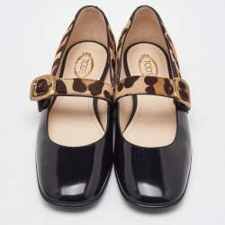 Pre Owned حذاء باليرينا فلات تودز جلد أسود/بني ونقشة الفهد شعر العجل ماري جين مقاس 37.5