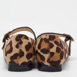 Pre Owned حذاء باليرينا فلات تودز جلد أسود/بني ونقشة الفهد شعر العجل ماري جين مقاس 37.5