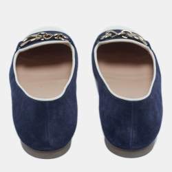 مملوكة مسبقًا حذاء فلات باليه تودز جلد وسويدي أزرق داكن/أبيض سلسلة مقدمة دائرية مقاس 39