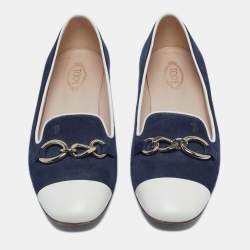مملوكة مسبقًا حذاء فلات باليه تودز جلد وسويدي أزرق داكن/أبيض سلسلة مقدمة دائرية مقاس 39