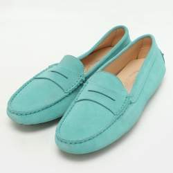Pre Owned Tod's Turquoise Suede Penny Loafers Size 38