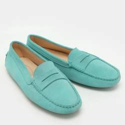 Pre Owned Tod's Turquoise Suede Penny Loafers Size 38