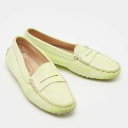 Pre Owned Tod's Neon Green Two-Tone Leather Slip On Loafers Size 36