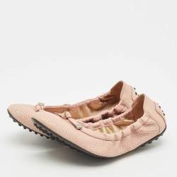 Pre Owned Tod's Light Pink Leather Bow Scrunch Ballet Flats Size 39