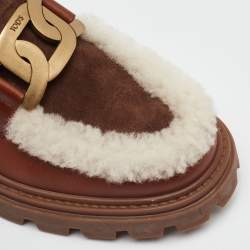 Pre Owned Tod's Brown/Off White Leather and Shearling Fur Kate Slip On Loafers Size 36.5
