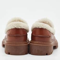 Pre Owned Tod's Brown/Off White Leather and Shearling Fur Kate Slip On Loafers Size 36.5
