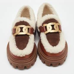 Pre Owned Tod's Brown/Off White Leather and Shearling Fur Kate Slip On Loafers Size 36.5