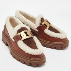 Pre Owned Tod's Brown/Off White Leather and Shearling Fur Kate Slip On Loafers Size 36.5