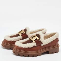 Pre Owned Tod's Brown/Off White Leather and Shearling Fur Kate Slip On Loafers Size 36.5