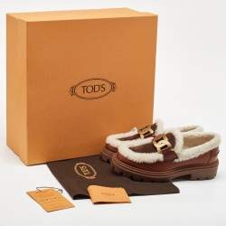 Pre Owned Tod's Brown/Off White Leather and Shearling Fur Kate Slip On Loafers Size 36.5