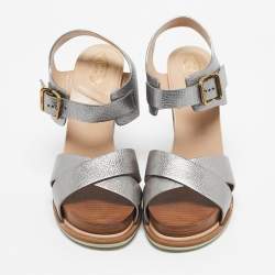 Pre Owned Tod's Silver Leather Ankle Strap Platform Sandals Size 40