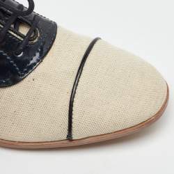 Pre Owned Tod’s Beige/Navy Blue Canvas and Patent Leather Lace Up Oxford Size 38