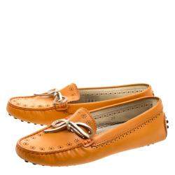 Tod's Orange Perforated Leather Bow Loafers Size 36