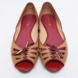 Pre Owned Tod's Beige/Burgundy Leather Bow Peep Toe Ballet Flats Size 39