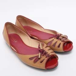 Pre Owned Tod's Beige/Burgundy Leather Bow Peep Toe Ballet Flats Size 39