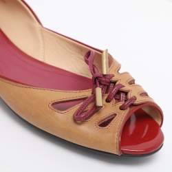 Pre Owned Tod's Beige/Burgundy Leather Bow Peep Toe Ballet Flats Size 39