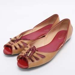 Pre Owned Tod's Beige/Burgundy Leather Bow Peep Toe Ballet Flats Size 39
