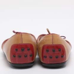 Pre Owned Tod's Beige/Burgundy Leather Bow Peep Toe Ballet Flats Size 39