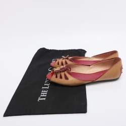 Pre Owned Tod's Beige/Burgundy Leather Bow Peep Toe Ballet Flats Size 39